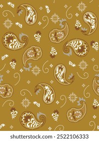 Paisley Floral oriental ethnic Pattern. Seamless Ornament. Damask fabric patterns, vintage floral seamless patten with paisley ornament olive yellow background.