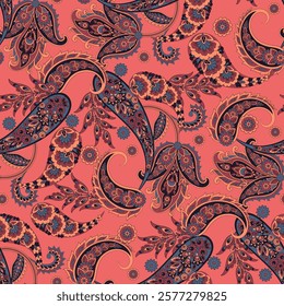 Paisley Floral oriental ethnic Pattern. Vector Seamless Ornamental Indian fabric patterns.