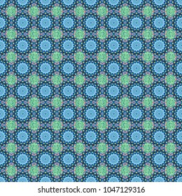 Paisley floral oriental ethnic seamless pattern. Vector Arabic ornament in blue, green and gray colors. Ornamental motifs of the Indian fabric patterns.