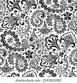 Paisley floral pattern, abstract flowers, black and white colors. Seamless floral pattern-660.