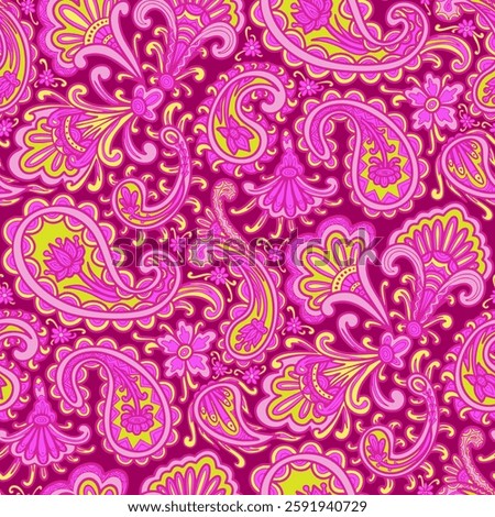 Paisley floral pattern, abstract flowers, magenta and yellow colors. Seamless floral pattern-659.