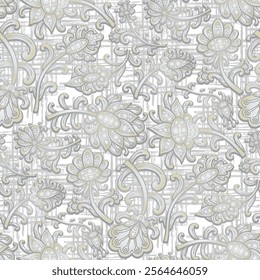 Paisley floral pattern, grey and white colors. Seamless floral pattern-547.