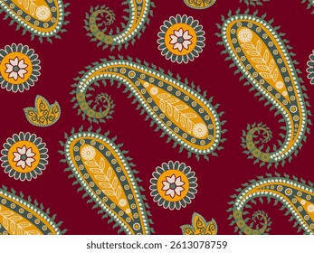 Padrão floral Paisley inspirou padrão de flores ornamentadas de tapete étnico ou têxtil indiano persa sem costura em vermelho rico.
