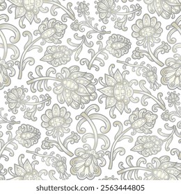 Paisley floral pattern, white and grey colors. Seamless floral pattern-539.