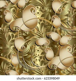 Paisley floral seamless pattern background wallpaper illustration with vintage gold 3d paisley flowers, swirl leaves and gold luxury ornaments. Vector surface texture for prints, fabric, textile.