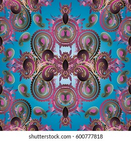 Paisley floral seamless pattern. Bright colorful ornate vector background wallpaper illustration with 3d line art paisley flowers, swirl leaves and antique oriental paisleys ornaments.