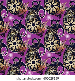 Paisley floral seamless pattern. Bright violet ornate background wallpaper illustration with 3d paisley flowers, swirl leaves and antique oriental flourish ornaments.Vector surface texture for fabric