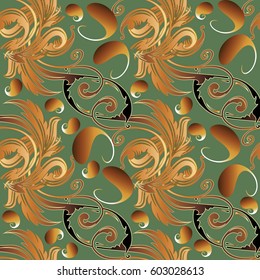 Paisley floral seamless pattern. Damask background wallpaper illustration with 3d gold paisley flowers, swirl scroll leaves,  antique baroque ornaments. Vector surface texture for fabric textile