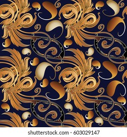 Paisley floral seamless pattern. Dark blue damask background wallpaper illustration with 3d paisley flowers, swirl scroll leaves and antique baroque ornaments.Vector surface texture for fabric textile