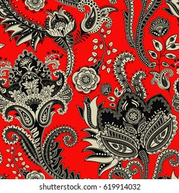 Paisley floral seamless pattern. Indian ornament. Vector decorative flowers. Ethnic style. Design for fabrics