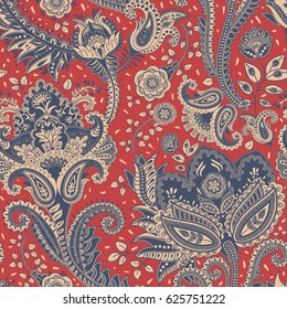 Paisley floral seamless pattern. Indian ornament. Vector decorative flowers. Ethnic style. Design for fabrics