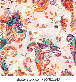 Paisley floral seamless pattern. Indian ornament. Vector decorative flowers and Paisley. Ethnic style. Design for fabrics, cards, web, decoupage