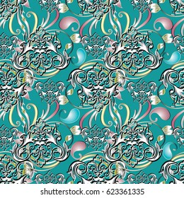Paisley  floral seamless pattern. Light blue background wallpaper illustration with vintage 3d  flowers, swirl leaves and antique damask ornaments.Vector luxury 3d texture for fabric, textile, prints.