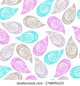 Paisley floral traditional minimal indian seamless pattern vector design. Decorative ornament for home decor. Stylized fluorish summer motifs, paisley outline seamless pattern. Feminine design.