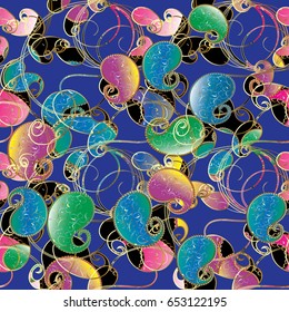 Paisley floral  vector seamless pattern. Blue background wallpaper illustration with vintage stylish beautiful modern colorful paisley flowers, gold curve swirl line art leaves and bright ornaments 