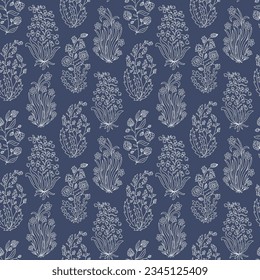 Paisley flower bunch outline seamless pattern on dark blue background. For home textile, wallpaper, wrapping, packaging, clothing.