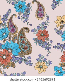 diseño de flores de paisley en todo el patrón, diseño de acuarela paisley