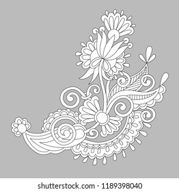paisley flower design, white floral pattern on grey background, vector illustration