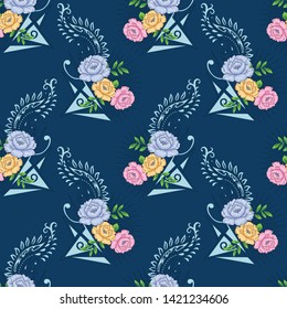 paisley flower seamless  pattern on navy