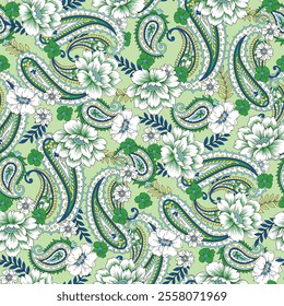 paisley with flower seamless pattern on green background