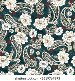 paisley with flower seamless pattern on Green background