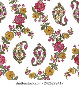 paisley flower seamless pattern vector. traditional floral paisley pattern. embroidery pattern, kalamkari pattern.