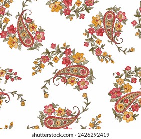 paisley flower seamless pattern vector. traditional floral paisley pattern. embroidery pattern, kalamkari pattern.