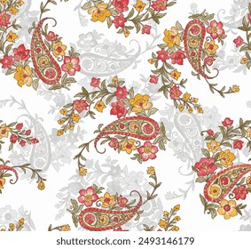 paisley flower seamless pattern vector. traditional floral paisley pattern. embroidery pattern, kalamkari pattern.