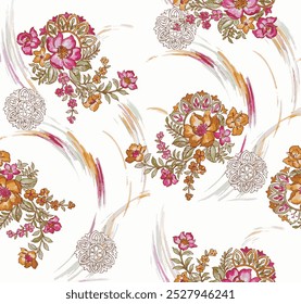 paisley flower seamless pattern. Vintage seamless floral pattern. hand drawn watercolor flower bunch pattern. brush stokes pattern on background.