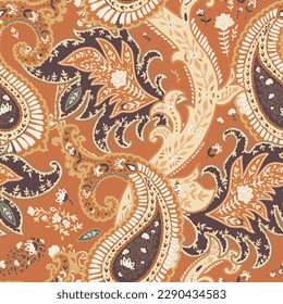 Paisley with flowers and foliage decoration, floral ornament and motif. Decoration with flora and leaves, twigs and branches. Seamless pattern, background print or wallpaper. Vector in flat style