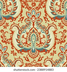 Paisley foliage and flowers in blossom. Design for carpet, tiles and other home decor items. Textile fabrics material. Seamless pattern or print, background or wallpaper. Vector in flat style