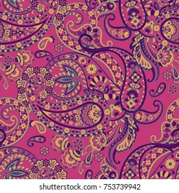 Paisley folkloric flowers seamless pattern. ethnic floral vector ornament