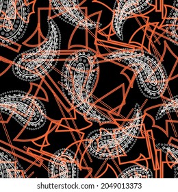 Paisley and geometric background pattern. For fabric textiles. All over pattern and vector design