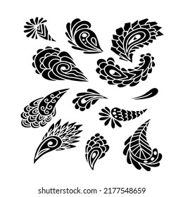 Paisley graphic ornament. Hand drawn stylized paisley indian pattern. Artistic creative composition. Black and white floral creative set.