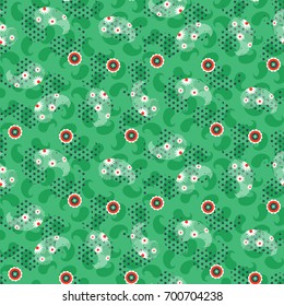 Paisley green mesh pattern seamless vector. Persian inspired folk floral texture for textile, fabric print and clothes.