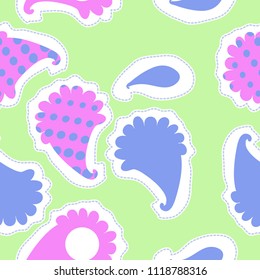 Paisley halftone  seamless pattern, dashed lines, tags. Hand drawn.