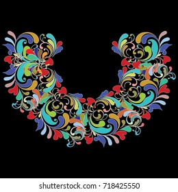Paisley hand drawn neckline pattern. Vector colorful floral texture.  Bright  paisley pattern on the black background. Design for collars, decoupage, applications. Beautiful modern ornaments.