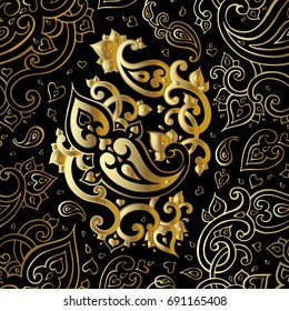 Paisley Hand Drawn pattern. Beautiful golden seamless background. Elegant vintage Pattern