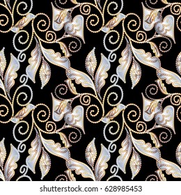 Paisley hand drawn seamless pattern. Black floral background with pink leaves and  line art tracery ornaments. Vector isolated texture for textile,wallpapers, prints, fabric. Stylish illustration.