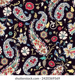 Paisley hand draws vintage seamless motif pattern illustration. Fabric texture with ethnic floral elements. Black color background.