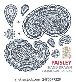 Paisley hand-drawn vector illustrations set. Paisley drawings isolated on white background. Part of collection.