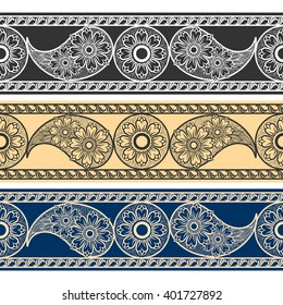 Paisley horizontal patterns. Turkish cucumbers mehndi tattoo doodle borders vector