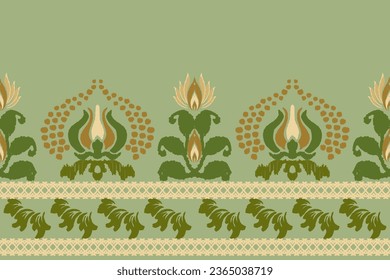 Paisley ikat embroidery on a green background. traditional ikat tribal pattern Aztec abstract vector illustration. Seamless pattern in tribal, folk embroidery and Mexican style.