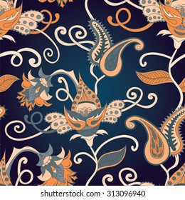 Paisley Indian dark ornament. Seamless pattern. Arabesque background. Ideal for eastern themes in design. Vector illustration