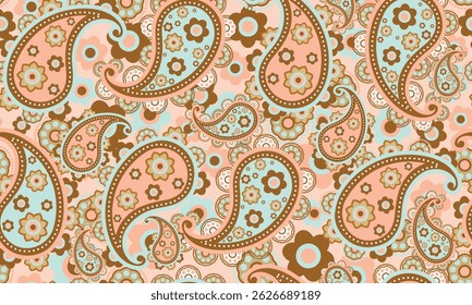 paisley and Indian flower motifs. damask style seamless pattern for textile and decoration, paisley abstract shape of baroque geometric ornaments Textile, blue, brown, beige, peach