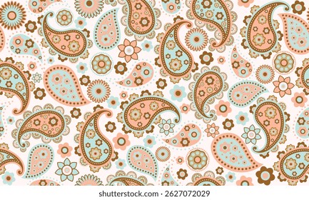 paisley and Indian flower motifs. damask style seamless pattern for textile and decoration, paisley abstract shape of baroque geometric ornaments Textile, peach, blue, earth tone