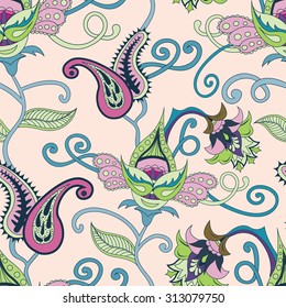 Paisley Indian ornament. Seamless pattern. Arabesque background. Ideal for eastern themes in design. Vector illustration