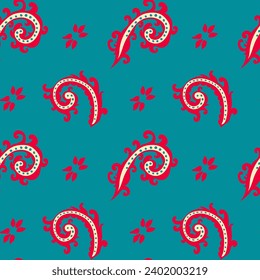 Paisley indian ornaments, retro stylish motifs. Decor with branches and foliage, blossom and flourishing design elements. Seamless pattern, wallpaper or background print. Vector in flat style