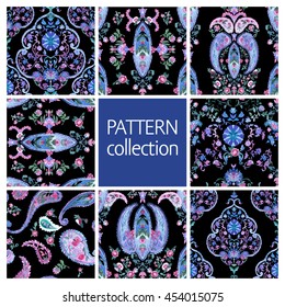 Paisley Indian or turkish persian seamless pattern set. Watercolor style. Handdrawn eastern ornament collection. Vector Illustration.