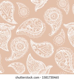 Paisley lace pattern on light pink background, seamless vector illustration